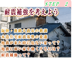 耐震補強を考えよう　阪神・淡路大震災の教訓/木造住宅耐震補強基準の変遷/地震が来た時に危ない家って？/地震に弱い家を強くするには？/耐震補強って？