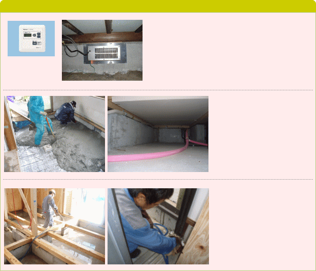 対策方法　床下換気扇による強制換気/床下コンリート打ち/シロアリ予防工事